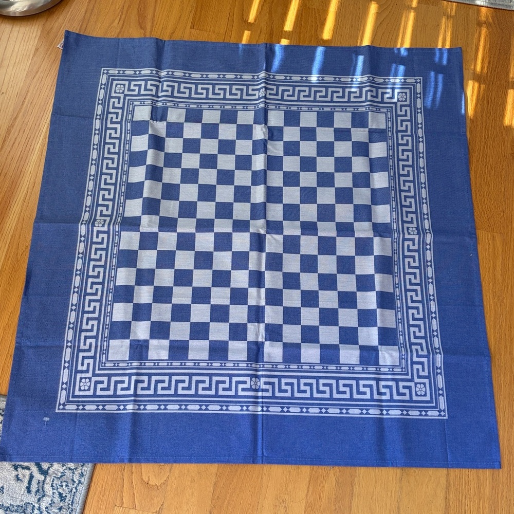 Garnier Thiebaut table cloth topper square 36x36 Blue checkered Greek key NWOT